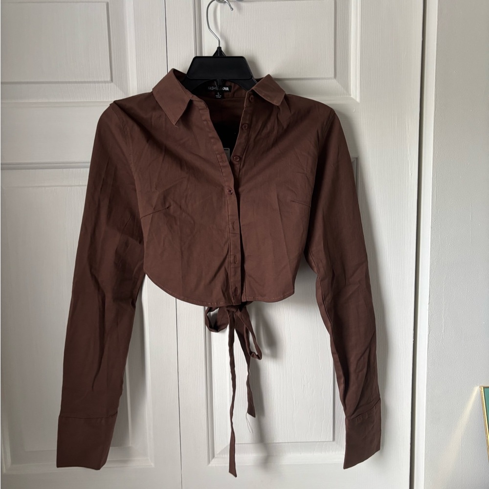 Cropped Button Back Tie Shirt - Brown